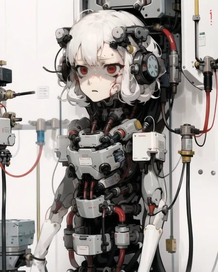 girl,white hair,red eyes,headphones,stuck in wall,restraints,trapped,machine,brainwashing,pumps and tubes,wires,(docking station:0.7),(assembly line:1.2),laboratory,charging,empty eyes,<lora:HardSurface_beta:0.7>,<lora:extremely_detailed:0.5>,(expressionless:1.5),<lora:Atompunk:0.6>,