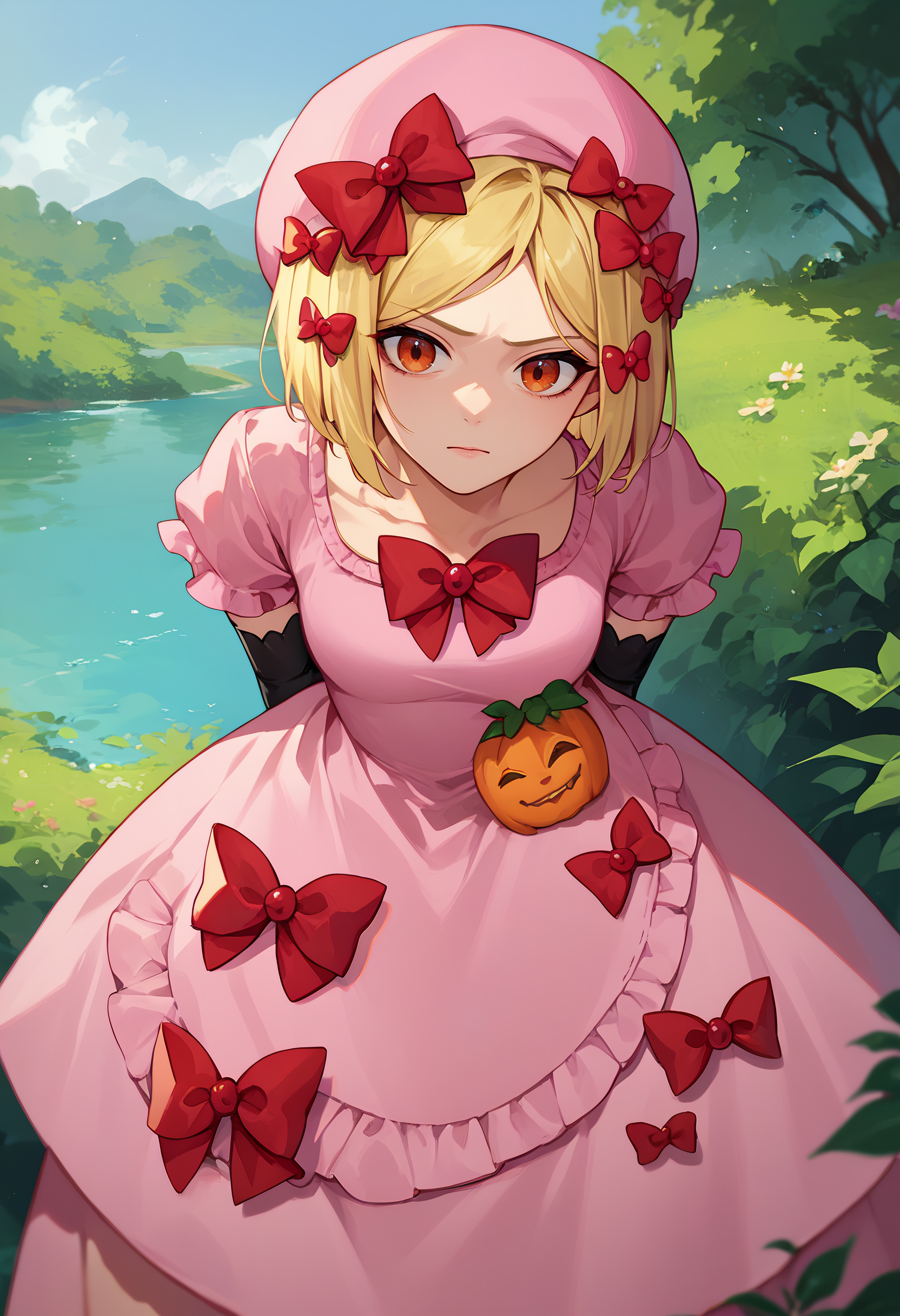 score_9, score_8_up, score_7_up, 1girl, Rambda, blonde hair, short hair, orange eyes, hair ornament,  pink hat, pink gown, red bow, short sleeves, elbow gloves,  arms behind back, bent over, front view, outdoors,  looking at viewer,    <lora:DeltaLambda 2-000007:1>