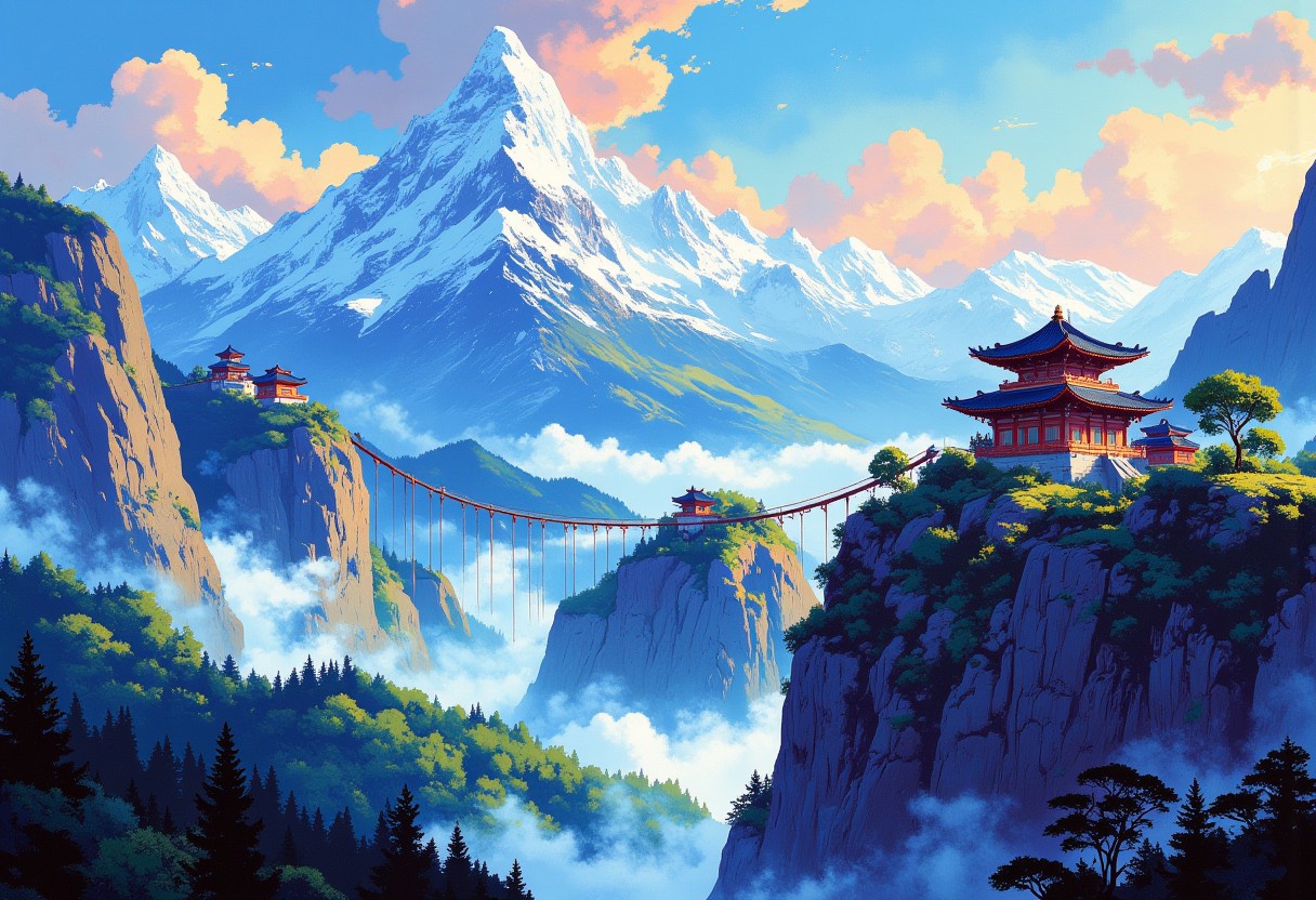 aidmamj6.1,
A majestic landscape depicting high snow-capped mountains. In the valleys between the mountains, the forest is covered with fog. Inaccessible ancient oriental temples are located on the slopes of the mountains. The temples are connected by wooden suspension bridges. The temples are covered with colorful exotic paintings. Blue sky with hints of pink and orange on delicate clouds. The forest in the valleys is dark and mysterious. A bizarre surreal landscape in the style of modern impressionism. A magical place.
i11ustmin Illustration