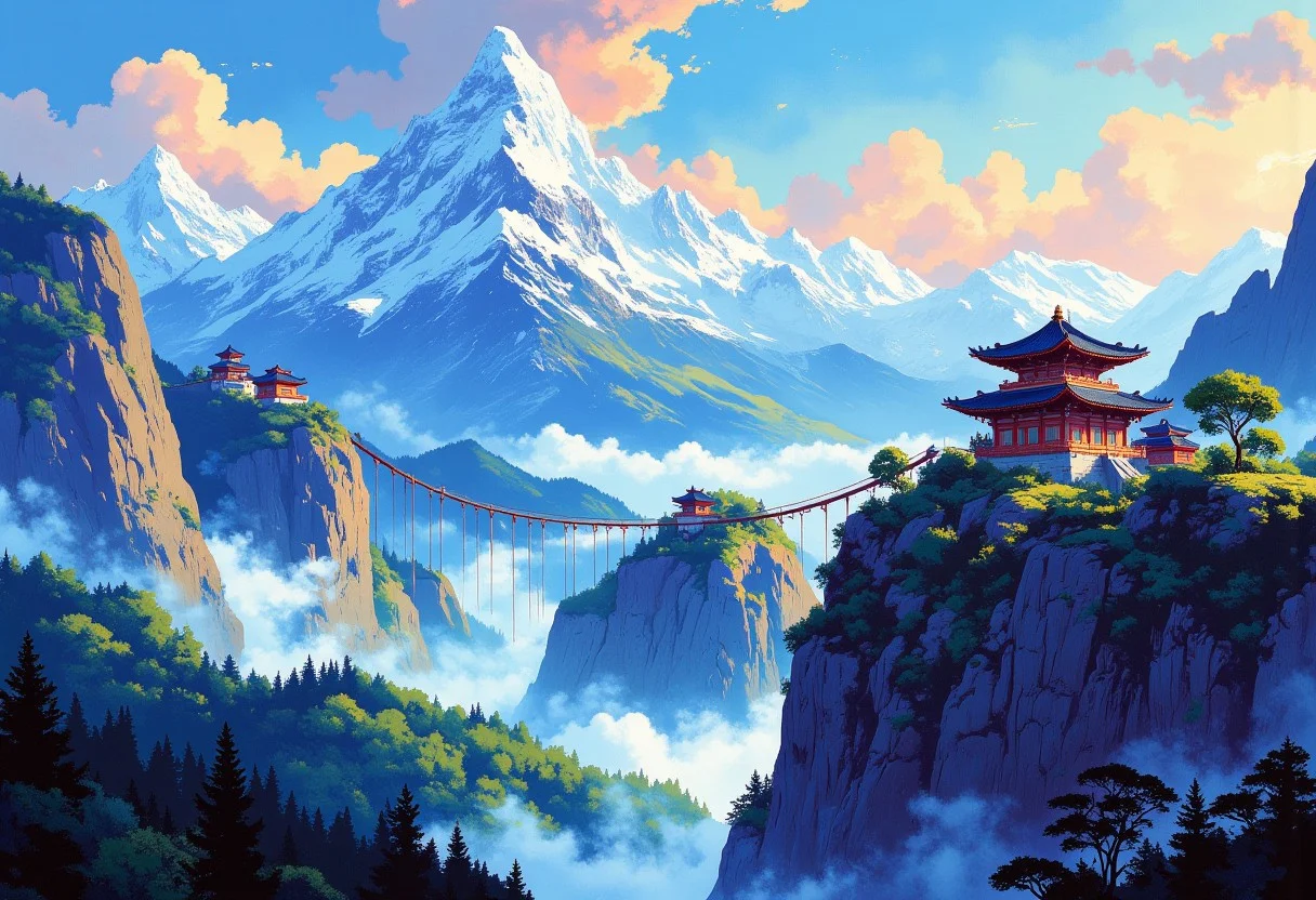 aidmamj6.1,
A majestic landscape depicting high snow-capped mountains. In the valleys between the mountains, the forest is covered with fog. Inaccessible ancient oriental temples are located on the slopes of the mountains. The temples are connected by wooden suspension bridges. The temples are covered with colorful exotic paintings. Blue sky with hints of pink and orange on delicate clouds. The forest in the valleys is dark and mysterious. A bizarre surreal landscape in the style of modern impressionism. A magical place.
i11ustmin Illustration