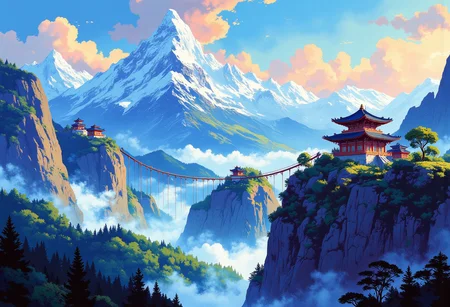 aidmamj6.1,
A majestic landscape depicting high snow-capped mountains. In the valleys between the mountains, the forest is covered with fog. Inaccessible ancient oriental temples are located on the slopes of the mountains. The temples are connected by wooden suspension bridges. The temples are covered with colorful exotic paintings. Blue sky with hints of pink and orange on delicate clouds. The forest in the valleys is dark and mysterious. A bizarre surreal landscape in the style of modern impressionism. A magical place.
i11ustmin Illustration