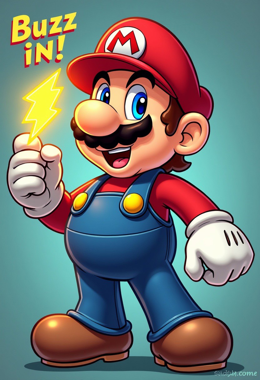 Mario from Super Mario Bros. holding the lightning bolt and text: "Buzz in!"