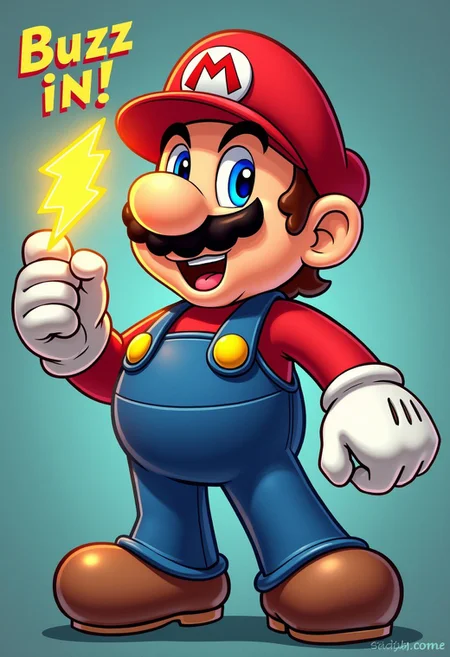 Mario from Super Mario Bros. holding the lightning bolt and text: "Buzz in!"