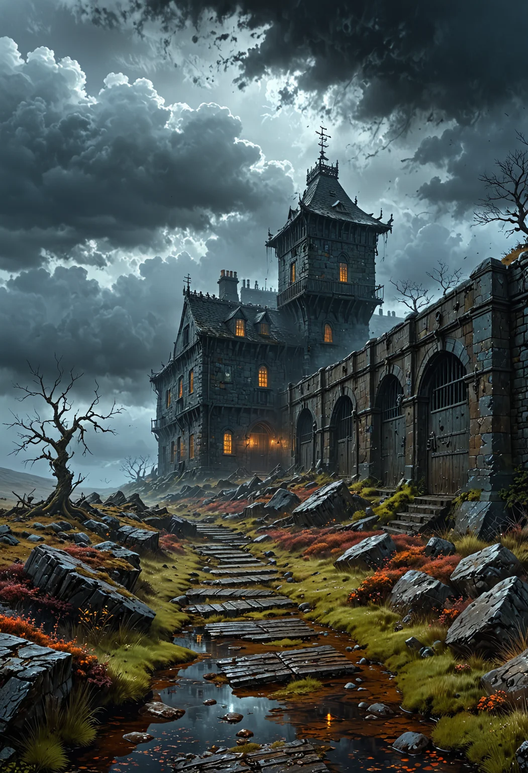 oil painting, fantasy, rpg, a prison in the moorland, dark clouds, dark moor, (misty:1.5), creepy atmosphere, dramatic light, (darkness:2.5), 34K uhd, masterpiece, high detail, 8k, intricate, detailed, high resolution, high res, high quality, highly detailed, Extremely high-resolution details, fine texture, darkness
<lora:EpicF4nta5yXL:0.8>
<lora:add-detail-xl:1>
<lora:WildcardX-XL-Detail-Enhancer:1>
<lora:MJ52:0.375>
<lora:CinematicStyle_v1:0.42>