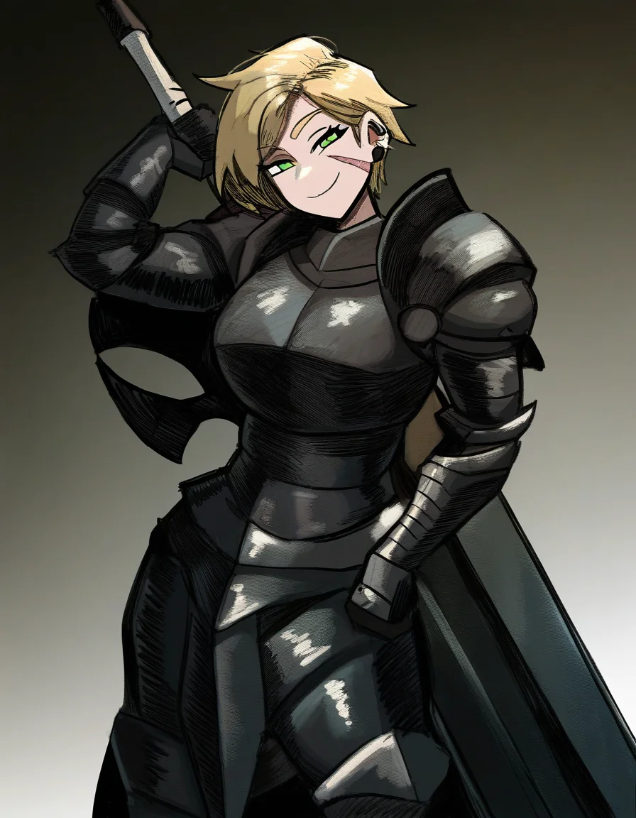 1girl, two-tone-armor, black-armor, white-armor, smug, posing, holding-weapon, oversized-sword, short-hair, blonde-hair, green-eyes, scar-on-face, piercing, masterpiece, best quality, newest, absurdres, highres
