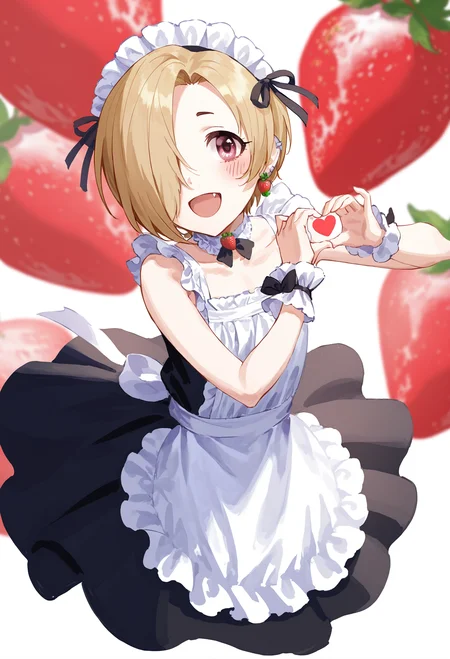 1girl, shirasaka koume, idolmaster, idolmaster cinderella girls,
apron, blonde hair, blush, cropped legs, dress, food, fruit, hair over one eye, heart, heart hands, maid, maid apron, maid headdress, open mouth, pink eyes, short hair, sketch, smile, solo, strawberry, :d, sleevele, jewelry, white background, ._., sleeveless dress, frills, bare shoulders, wrist cuffs, collarbone, looking at viewer, simple background, black dress, earrings, fang,
.
best quality, very aesthetic, absurdres
<lora:fajyoborefornoob:0.95>