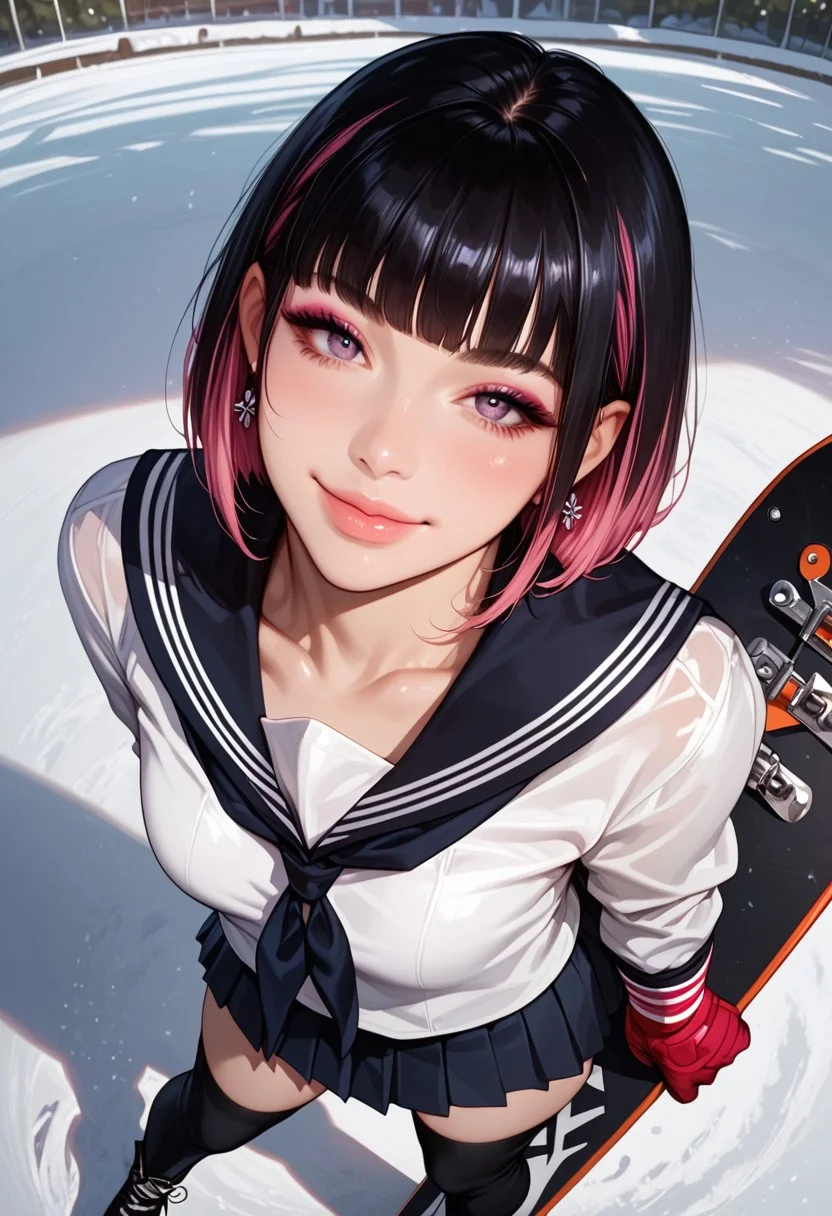 (score_9, score_8_up, score_7_up), best quality, ultra highres, realistic:0.7, solo, girl, 22 year old, silk black hair with pink highlights, straight short hair, hime cut, bangs, big bright eye, flat perky chest, sexy pink lips, half lips, detailed eyes, eyeshadow, shy, cute smile, a quarter closed eyes, BREAK slim figure, tall body, wide hips, shiny pale skin, outstanding style, sexy, pale skin, smart looking, Expressive, standing in ski resort, snowboard((standing by snowboard, wearing sailor uniform, pleated skirts, thigh highs boots, warm scarf, red gloves)), spread legs, legs spread, pensive, light smile, closed mouth, presenting her face, horny, face focus, looking at viewer, eye contact, face focus, tight ass, sexy face, black nail polish, pensive, light smile, closed mouth, presenting her breast, horny, breast focus, foot fetish, relaxed, looking at viewer, eye contact, face closeup, earrings, detailed face, detailed skin, sexy, rim lighting, two-tone lighting, low key, (extremely closed-up, near viewer), god rays of light, high angle,