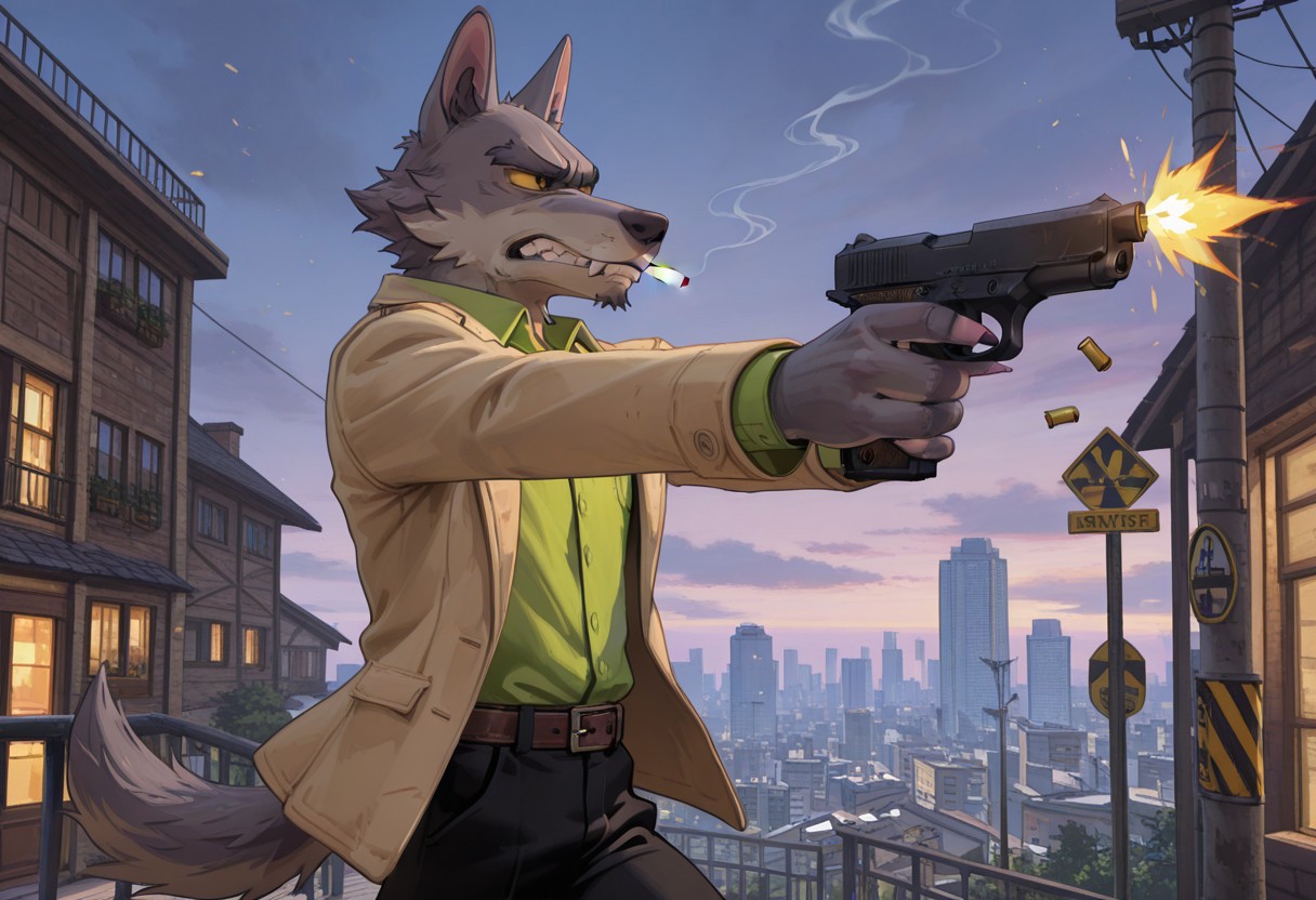 masterpiece, best quality, amazing quality, very aesthetic, absurdres, newest,  high quality, detailed, 
male, solo male, DaleDonovan, 1boy, mature male, male, anthro, wolf, broad shoulders, scruffy, gray fur, light tan underbelly, black eyes, yellow sclera, thick eyebrows, animal ears, 
tan jacket, green collared shirt, black pants, nipples, bashful, cigarette, clenched teeth, canine teeth, serious, annoyed, belt, m1911a1, firing gun, muzzle flash, shell casing, shooting post, one hand, running, action pose, side view, cowboy shot, 
outside, rooftops, city skyline, looking at viewer, detailed background,