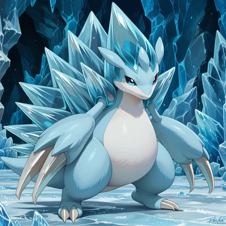 score_9, score_8_up, score_7_up, score_6_up, source_anime, A_Sandslash, solo, feral, pokemon (creature), light blue body, white belly, white snout, black eyes, long claws, spikes, thick tail, full body, looking at viewer, standing, ice, cave background,