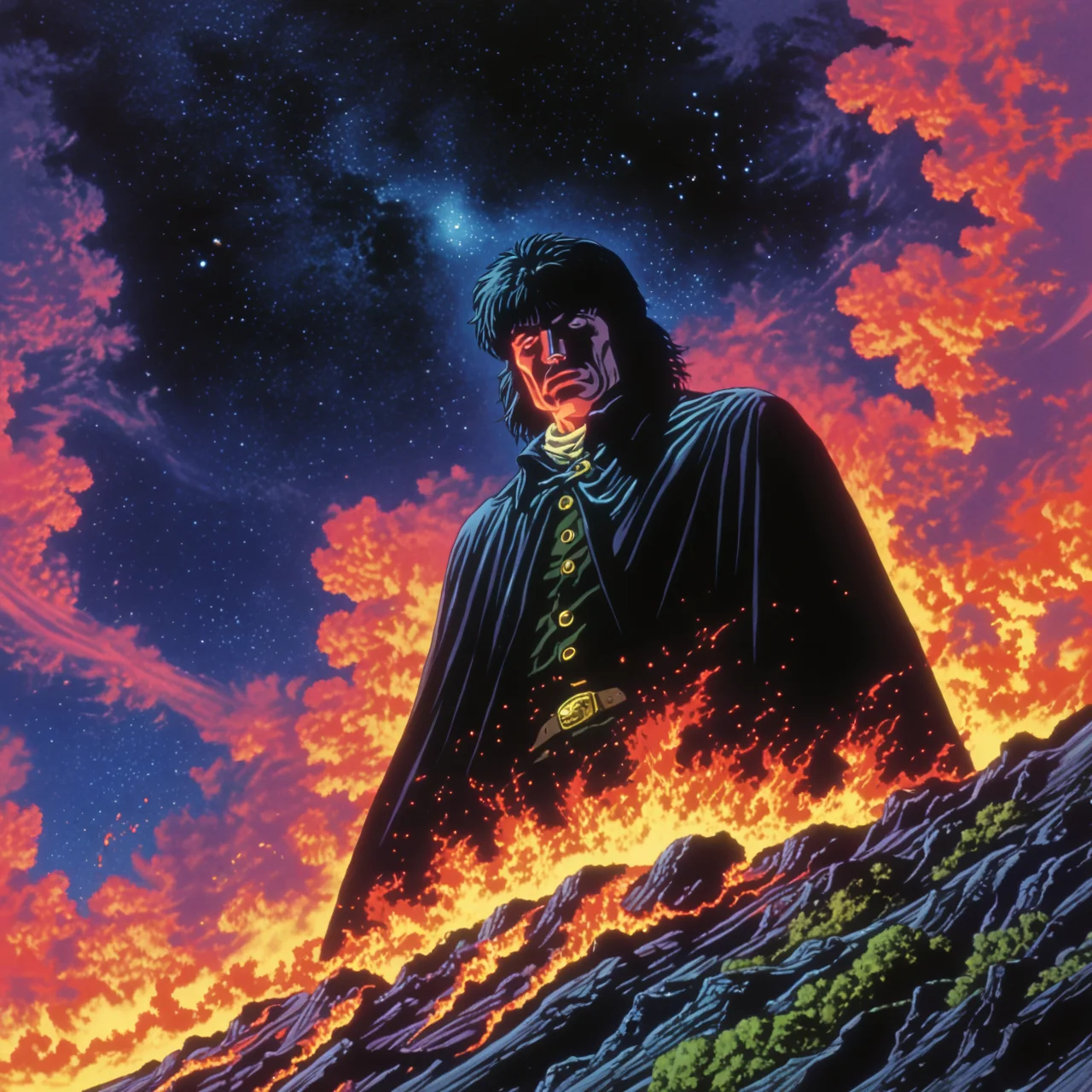 retro game art style_dark, style_29, A photo of a dark fantasy masterpiece with a man floating in space. The man's body is engulfed in flames. The background contains swirling cosmic clouds and distant stars. The lighting is dramatic, casting shadows. The scene is inspired by 1980s dark fantasy art and has a surreal, infernal atmosphere, dark fantasy, detailed . 16-bit, vibrant colors, pixelated, nostalgic, charming, fun