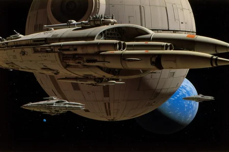 ralphmcq1 painting.
A scene from the Star Wars universe. The scene depicts a space battle in the outer reaches of space between the Death Star and the Rebel Alliance Fleet. In the foreground is the Rebel Alliance Fleet, flying towards the right. Behind the flee is the Death Star, a massive, spherical space station. It's a formidable structure with a metallic, grayish-brown surface, covered in numerous windows and vents, and adorned with various mechanical details and weaponry. A blue planet is visible in the background. <lora:ralphmcq_cap_d6a3:1.0><lora:830318101741649260:0>