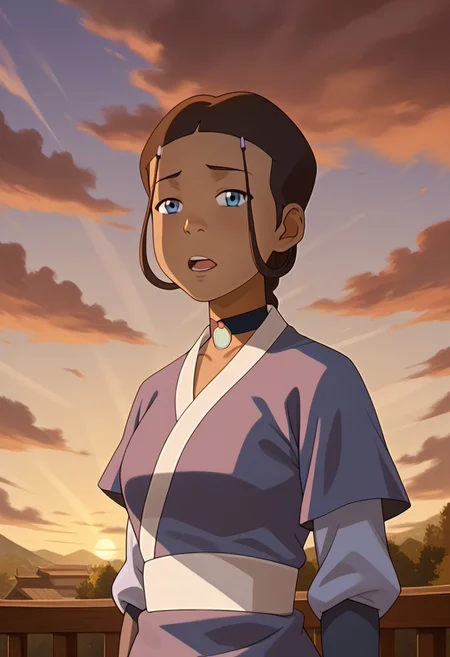 score_9, score_8_up, score_7_up, realistic, realism, HD, perfect quality, 16k, very detailed, realistic lighting, detailed face, BREAK, (((good_hands))), (((perfect eyes, bedroom eyes, (light smile:0.5)))), BREAK, solo, 1girl, (((Katara-BookWater, blue eyes, short hair, brown hair, hair ornament, dark skin, dark-skinned female))), eye_focus, ((medium breasts, big ass)), (bedroom eyes), looking at viewer, nervous, seductive, sensual, medium body size, slightly small neck, plumb body, voluptuous hips and thighs, curvy body size, microwaist, (feminine body, soft body:1.5), BREAK, dark skin, brown hair, dark-skinned female, cloud, sky, open mouth, choker, grey eyes, japanese clothes, hair ornament