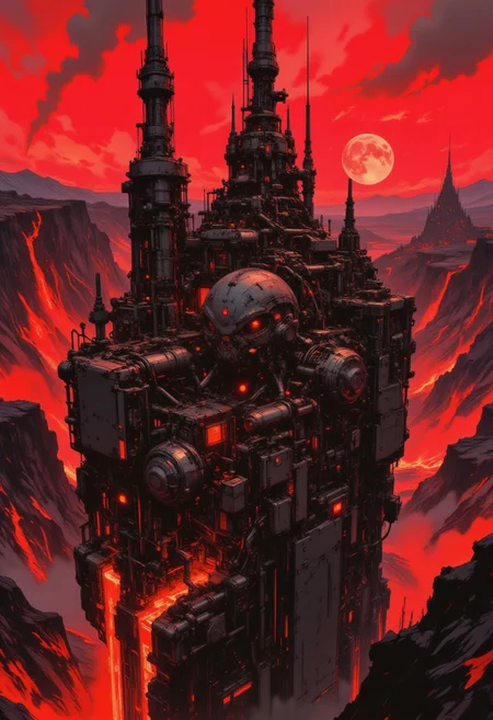 OBxiaoxiang, CAICO, inksketch black and red theme, detailed photorealistic image, a_skynet_cyberdyne_craft, the image is featuring a sci-fi cityscape of colossal buildings and towers in a black and red arid landscape, situated in a volcanic valley bounded by lava volcanos, black and gunmetal grey alloy surfaces with high-end circuitry, red glowing diodes and lights, large depth of field. The sky is an ominous red, with a moon hanging low in the horizon