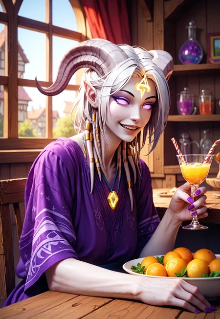 (absurdres, best quality, masterpiece:1.4), score_9, score_8_up, score_7_up, score_6_up, detailed, detailed body, detailed face, world of warcraft, fantasy, <lora:add-detail-xl:1.5>, 

fFaceDetail, ((female, draenei, tall, athletic arms, pale white skin, long white hair, purple eyes, long white tail), (h0rns, ram horns, white horns), 
(long fingers, purple fingernails, purple nail polish)), 

full body, close up, looking toward viewer, soft smile, sitting on chair, sat next to table, 

(long loose purple dress, purple silk scarf, tail under dress, simple armlet, small yellow gem pendant), 

depth of field, in front of wooden building, wooden village, food and drink on table, sunshine
