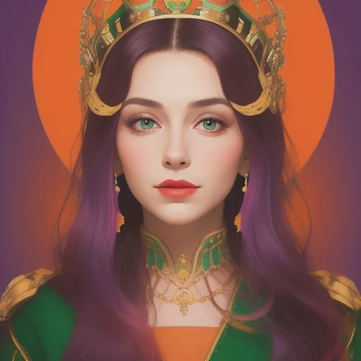 Portrait of a beautiful Queen.
Orange, red, green, purple colors only.