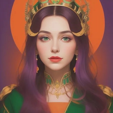 Portrait of a beautiful Queen.
Orange, red, green,  purple colors only.