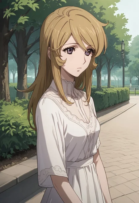 score_9, score_8_up, score_7_up, source_anime, mori yuki, dirty-blonde hair, long hair, purple eyes, 1girl, solo, dress, park, outdoors
