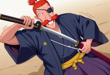 masterpiece, high quality, vibrant colors, n1g3l, 1boy, male focus, solo, short hair, orange hair, mustache, teeth, cowboy shot, ponytail, black eyepatch, samurai, japanese clothes, unsheathing sword, katana, weapon, dynamic pose, perspective, dutch angle, serious face, motion lines, holding weapon,