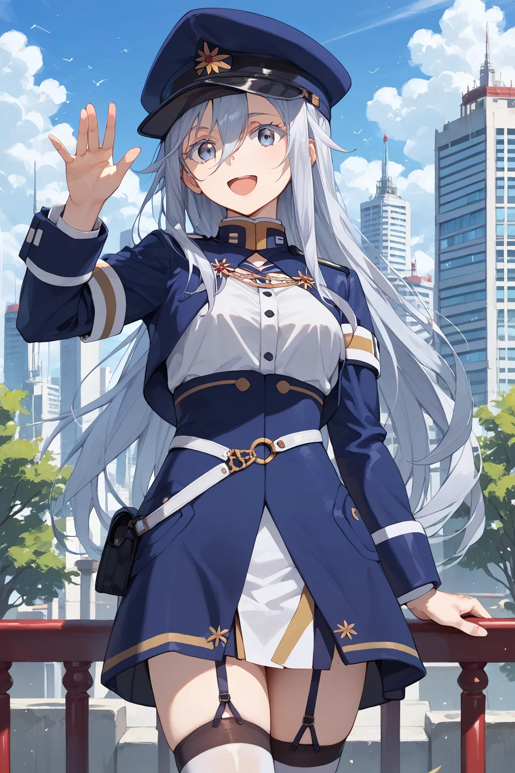 score_9, score_8_up, score_7_up, score_6_up, source_anime, vladilenamilize, 1girl, solo, blue military uniform, , , looking at viewer, garter straps, white thighhighs, , hair between eyes, high-waist skirt, , shirt, long sleeves, grey hair, bangs, cropped jacket, very long hair, standing, zettai ryouiki, , <lora:vladilena_milize_pony5:1> grey eyes, closed mouth, peaked cap, smile, open mouth, white eyelashes, cityscape, (waving:0.4), medium breasts,