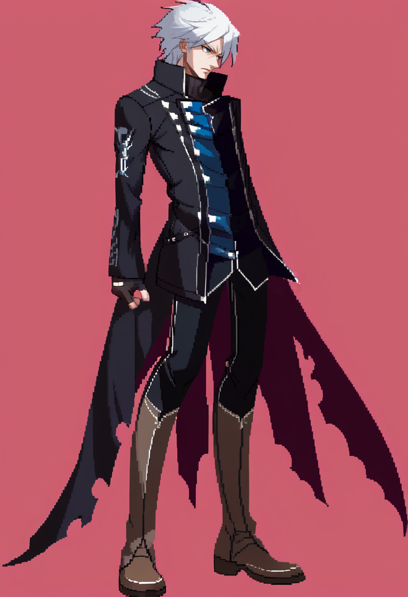 score_9, score_8_up, score_7_up, source_anime, BREAK, solo, 1boy, looking at viewer, <lora:Under-Night-In-Birth-Sprites-pdxl_Fp:1>, simple background, full body, standing, <lora:dmc5_vergil_ponyXL:1>, dmc5vergil, black coat, fingerless gloves, pants, white hair, blue eyes, looking to the side, boots, black pants,