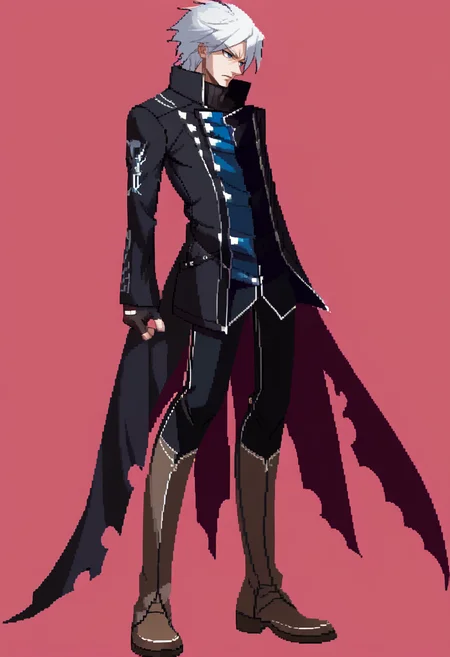 score_9, score_8_up, score_7_up, source_anime, BREAK, solo, 1boy, looking at viewer, <lora:Under-Night-In-Birth-Sprites-pdxl_Fp:1>, simple background, full body, standing, <lora:dmc5_vergil_ponyXL:1>, dmc5vergil, black coat, fingerless gloves, pants, white hair, blue eyes, looking to the side, boots, black pants,