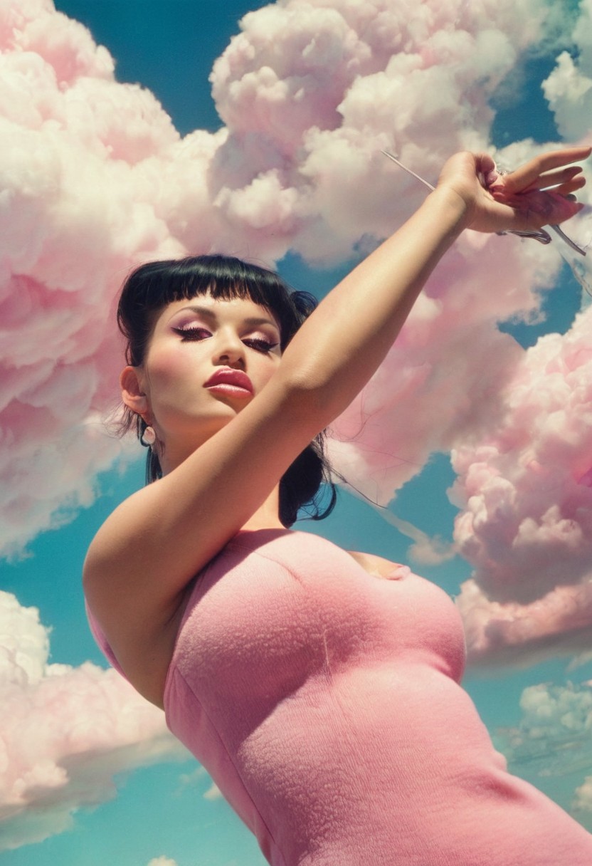 A candid photo of a female model wearing a tight pink dress, in the clouds, pink clouds, cloud kingdom, cottoncandy clouds, closeup, pink makeup, film grain