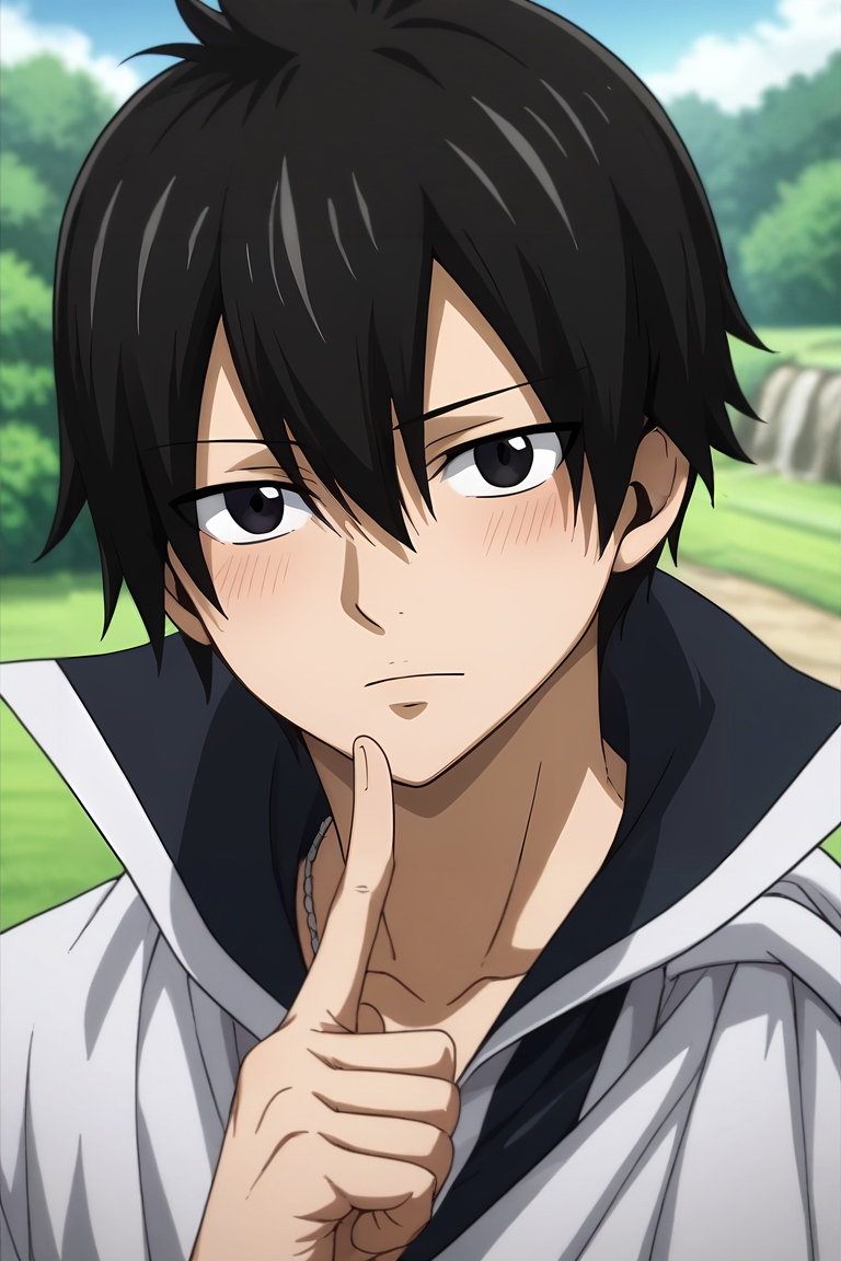 score_9, score_8_up, score_7_up, source_anime, rating_safe, intricate details, , looking at viewer, depth of field, 1boy, solo, male focus, <lora:zeref_fairy_tail_pony:0.98>, zeref_fairy_tail, black hair, black eyes, hair between eyes, from above, niagara falls, day, sunny, index finger raised, shy, blush, ,, <lora:sdxl_lightning_8step_lora:1>