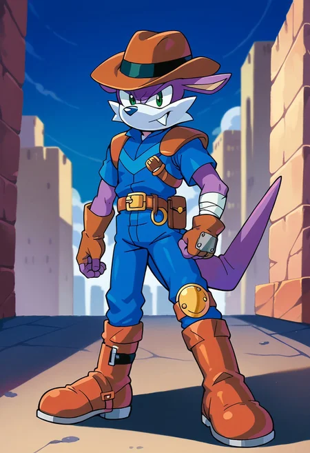 score_9, score_8, score_7, 1man, solo, furry, anthro, source_cartoon, Fang the Sniper, purple skin, cowboy hat, gloves, belt, boots, city, daytime, looking at viewer, dynamic, blue jumpsuit, blue pants, blue shirt, short sleeves, brown shoulder armor, blue fingerless gloves, bandaged arm, asymmetrical legwear, red boots, short, short body