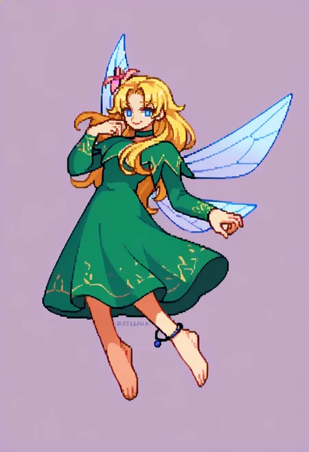 score_9, score_8_up, score_7_up, source_anime, BREAK solo, 1girl, <lora:Titania-pdxl_Fp:1>, titaniasmt, blue eyes, blonde hair, long hair, hair flower, fairy wings, green dress, choker, smile, anklet, <lora:CPS2-pdxl_Fp:1>, full body, simple background, looking at viewer, pixel art, floating,