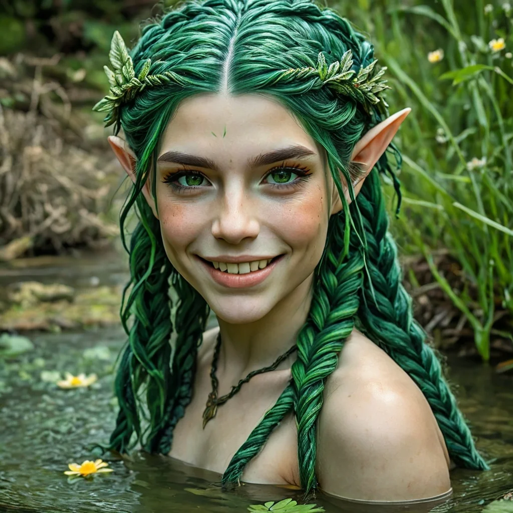 An upper body photo of an elven nymph with vibrant green hair styled in intricate braids, adorned with small leaves and natural accents. She has bright green eyes and a playful, welcoming smile that reflects her connection to the forest. Her pointed ears peek through her hair, emphasizing her elven heritage. She is partially submerged in a clear, tranquil forest pond surrounded by lush greenery and small, blooming flowers floating on the water's surface. The background is a verdant, magical woodland, where the rich, natural colors and the gentle flow of water create a serene, enchanting atmosphere