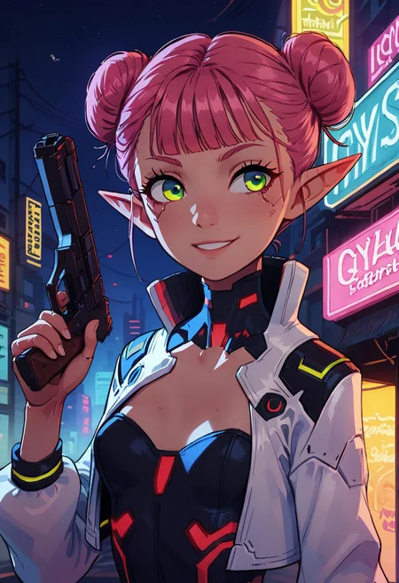 (masterpiece), highest quality, upper body, 1girl, sexy elf woman, pink hair, double bun hair, bangs, perfect detailed glowing green eyes, beautiful detailed face, slim, small breasts, leotard with puff jacket, (confident smile), holding pistol, dynamic pose, cyberpunk, futuristic, outdoors, night, city street, neon signs, food vendor, detailed background