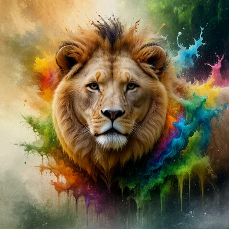 A lion spattered with colorful paint, hidden amongst jungle foliage, in artistic abstract art. Immersive. Earth tones.
<lora:Splash01a_CE_XL_300-OT:0.6> splshCE_style
