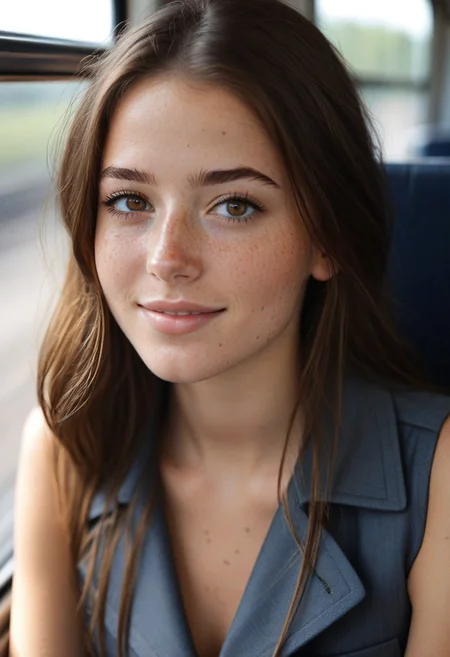 18yo girl, detailed face, freckles, brown hair, shy smile, (sleeveless trench buttoned dress), detailxl