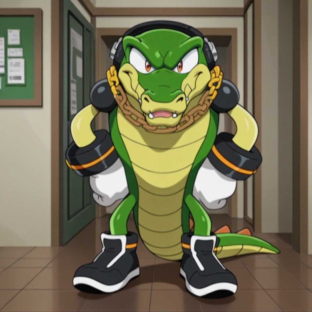 masterpiece, best quality, amazing quality, VectorSxil, anthro, male, crocodile, green skin, orange eyes, black shoulder pads, white gloves, black-and-orange bracelets, black shoes, gold chain necklace, headphones,  standing, inside, hands on hips, <lora:be3a6e89-544f-409a-beed-5adb1c54ca83:1.0>