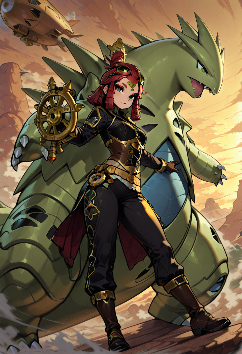 masterpiece, best quality, 1girl, eyelashes, (beautiful eyes), looking at viewer,     zzRijuT, tyranitar, steampunk outfit, brass goggles, leather aviator jacket, brown corset, high-waisted pants, metal buckles, intricate pocket watch, belt with tools, leather gloves, boots with gears, ornate belt buckle, windblown hair, airship helm, sky filled with clouds, hot air balloons in the distance, metallic gears and cogs, brass pipes, steam-powered engines, (dynamic pose:1.3), (hand on steering wheel:1.2), (looking into the horizon:1.2), billowing steam, wind flapping coat, skyward gaze, mechanical atmosphere, floating dirigible, shimmering sun on clouds, industrial background, epic adventure on the high skies  ,<lora:RijuTyrannitarCitron_IXL:1.0>,