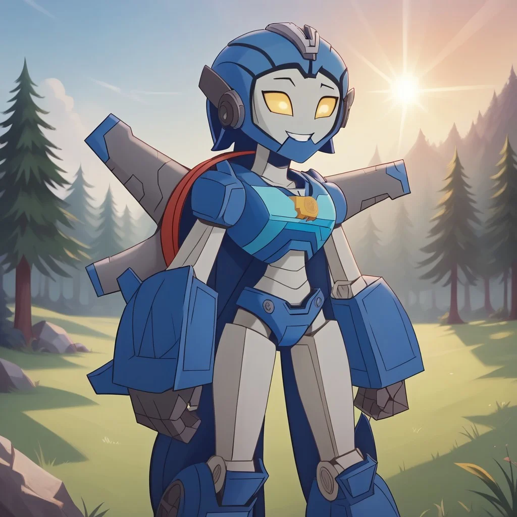 score_9, score_8, BREAK, solo, 1girl, Whirl , Autobot, yellow eyes, glowing eyes, alien girl, robot, robot girl, humanoid robot, mecha, sexy pose, self portrait, smile, outdoors, sunlight, shadows, evening lighting, natural lighting, forest, trees, grass, orange sky, sunset