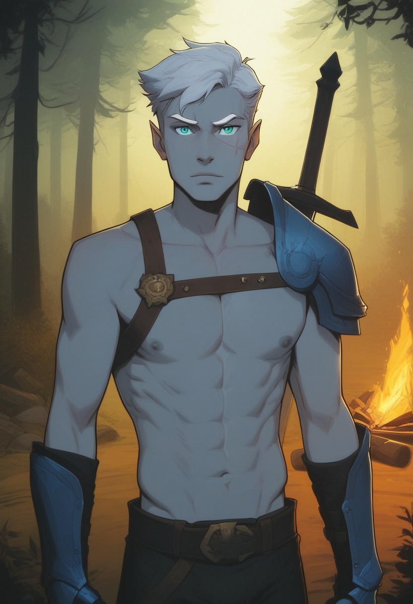 score_9, score_8_up, score_8, score_7_up, male, standing, 25 years old, mischievous, handsome, flirty, dominant, narrow mouth, (half_elf:0.5), dark elf, (((grey skin))), (((short white hair))), short cut sides, ((white eyebrows)), grey ears, pointed_ears:0.5, (pointed human ears), split eyebrow, eyebrow scar on left side of face, ((detailed turquoise eyes)), 1boy, solo, sexy, athletic, abs:0.5, (shirtless, chest strap), shoulder armor, gauntlets, (sword-over-shoulder, weapon over shoulder, crossguard hilt), vox machina style, solo, at night, warlock, fantasy, forest background, (dynamic lighting:1.1), campfire
((masterpiece)),