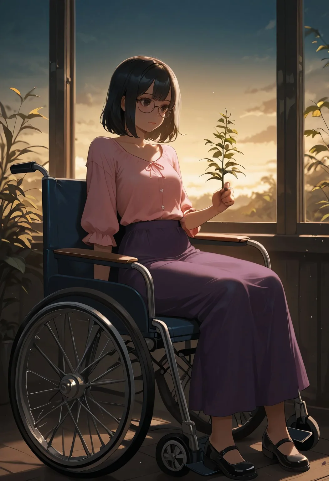 masterpiece,best quality,amazing quality,absurdres, BREAK 
1girl, arm support, black hair, black shoes, closed mouth, collarbone, glasses, holding, holding plant, layered shirt, lips, long hair, long skirt, looking at object, mary janes, pink shirt, plant, purple skirt, r0r1chka, shirt, shoes, short hair, sitting, skirt, sky, solo, wheelchair, yellow sky, yokozuwari, dark theme, night,low light, horror \(theme\),