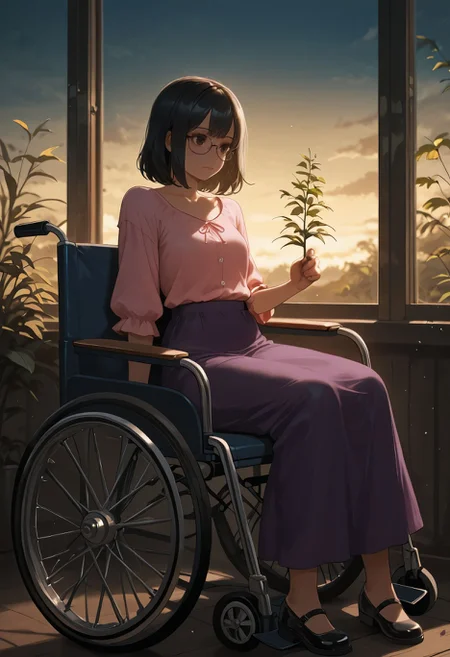 masterpiece,best quality,amazing quality,absurdres, BREAK
1girl, arm support, black hair, black shoes, closed mouth, collarbone, glasses, holding, holding plant, layered shirt, lips, long hair, long skirt, looking at object, mary janes, pink shirt, plant, purple skirt, r0r1chka, shirt, shoes, short hair, sitting, skirt, sky, solo, wheelchair, yellow sky, yokozuwari, dark theme, night,low light, horror \(theme\),