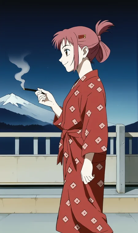 MS, 1girl, solo, retro artstyle, pink hair, brown eyes, (hair up), hair comb, red pattern yukata, walking, from side, smoking, mountain background, night, dark sky, smile, <lora:Mamimi Samejima Pony XL:0.7>