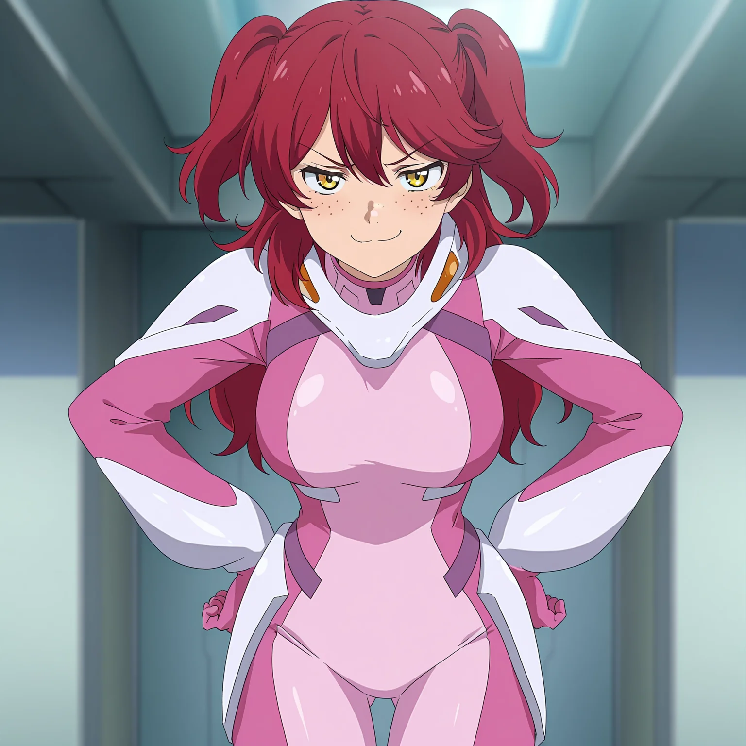 masterpiece, best quality, amazing quality, anime screencap, 1girl, solo, standing, cowboy shot, hands on own hips, smug, <lora:NenaTrinity:0.9>, NenaTrinity, red hair, two side up, yellow eyes, freckles, large breasts, pink pilot suit,