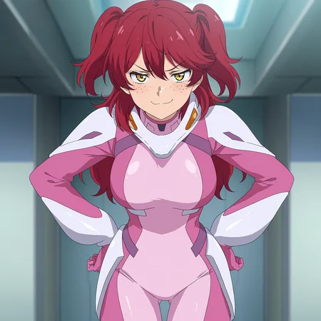 masterpiece, best quality, amazing quality, anime screencap, 1girl, solo, standing, cowboy shot, hands on own hips, smug, <lora:NenaTrinity:0.9>, NenaTrinity, red hair, two side up, yellow eyes, freckles, large breasts, pink pilot suit,