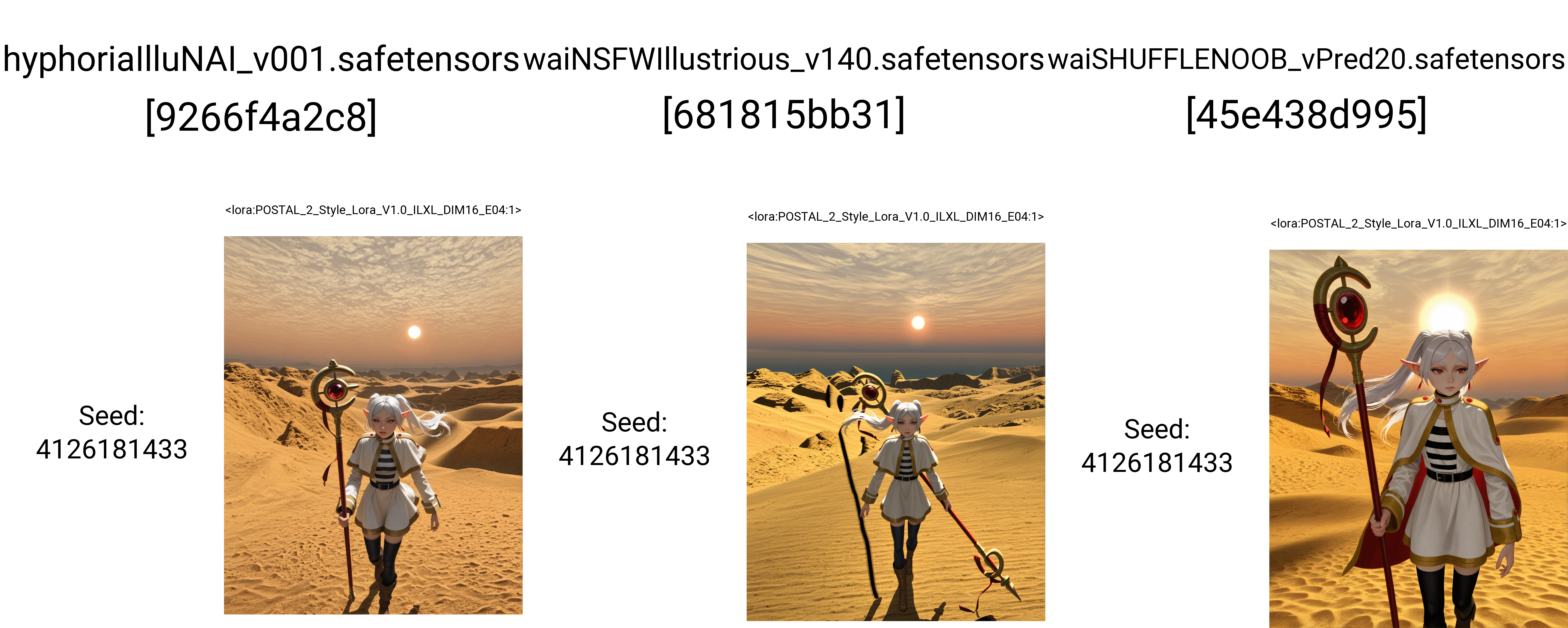 masterpiece, (realistic, scenery:1.3), best quality, amazing quality, very aesthetic, absurdres, newest, 1girl, solo, frieren, long white hair, red eyes, white and gold-trim robe, fantasy outfit, white thighhighs, golden accents, (walking along shoreline:1.3), (holding staff upright:1.2), (upper body forward motion:1.1), determined expression, flowing hair and cape, ocean waves, golden sand, visible desert landscape, dry distant terrain, desert mountains, heat haze, dry clouds, hot air distortion, cinematic lighting, warm sun, soft shadow, rim lighting,  <lora:POSTAL_2_Style_Lora_V1.0_ILXL_DIM16_E04:1>, <lora:dmd2_sdxl_4step_lora:1>