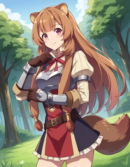 score_9, score_8_up, score_7_up, source_anime,
raphtalia, <lora:raphtalia-ponyxl-lora-nochekaiser:1>,
raphtalia, long hair, bangs, brown hair, animal ears, raccoon ears, raccoon tail, raccoon girl, pink eyes, smile,
long sleeves, sweater, ribbed sweater, puffy sleeves, breastplate, ribbon, red ribbon, gauntlets, glove, brown gloves, belt, skirt, armor,
outdoors, forest, nature,
looking at viewer, cowboy shot, dutch angle, dynamic pose,
