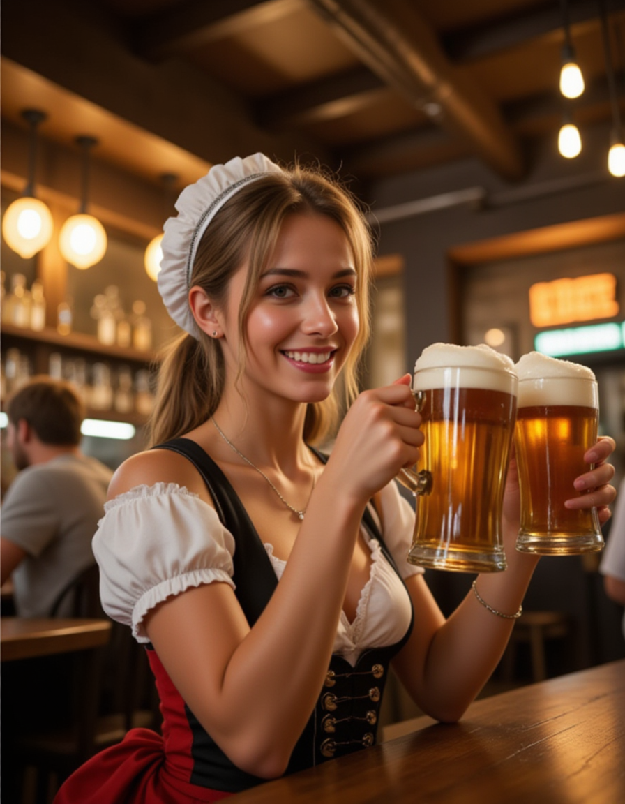 (realistic photograph:1.8), sweet smiling young waitress in dirndl dress, with several mugs of beer. bending forward. dynamic, motion scene. downblouse. heavy sagging breasts. high-resolution, highly detailed, 8k, masterpiece.