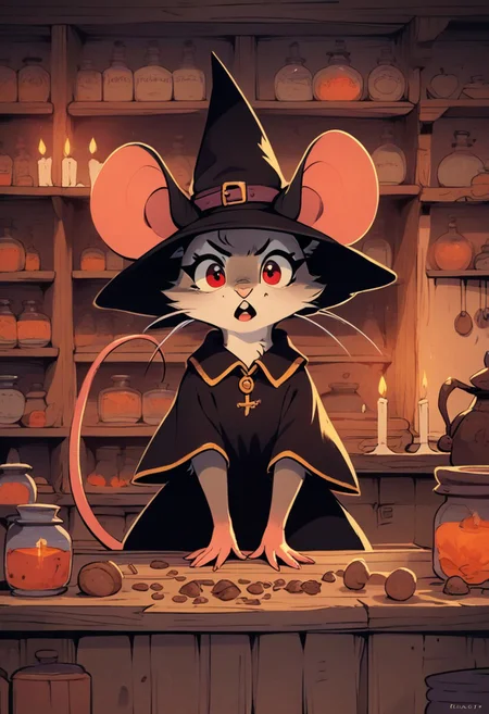 score_9, score_8_up, score_8,
[][][]
(((mouse))), (feral:1.2), female, solo, furry, (fluffy), (fluffy cheeks:0.7), cute
[][][]
flat color, in the style of Beatrix Potter, shop, W1tchyC0ttagec0re,
[][][][][]
(black dress, witch hat), grey fur, (black ears), red eyes, mixing potions, working, indoors, cottage, cauldron, potions, bottles, (upper body shot, head focus:1.5),  interesting pose, aesthetic, expressive, (dark atmosphere, night candlelight:1.5), (annoyed expression, surprised expression:1.2), (look at viewer, open mouth),