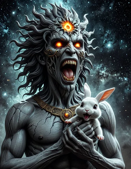 A dark fantasy illustration featuring Helios, the Greek god of the sun, as a sinister, grotesque creature with an open mouth revealing sharp teeth. In place of his eyes are large, unblinking sockets. In this scene, Helios is holding a lifeless human-like rabbit in his hands. The background is a dark, celestial space with swirling galaxies and stars. The overall atmosphere is eerie and unsettling, creating a strong contrast between the light emanating from Helios and the darkness that surrounds him., illustration, 3d render, dark fantasy, painting
<lora:helios2:1>
