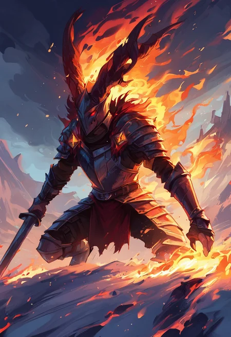 zPDXL3, Highly detailed and dramatic digital artwork featuring an epic confrontation between a knight and a dragon, set in a snowy but volcanic landscape under a dark, ominous sky. Mystical Rock dragon, towering and menacing, has glowing red eyes and fiery breath, casting an intense thunderous yellow glows that contrasts with the cold blue tones of the environment. The knight wears colorful patriotic armor, volcanic sword and a protective shield, ready to for battle in an aggressive pose. The composition is dynamic, with the dragon's massive form dominating the background, while the knight is positioned in the foreground, creating a sense of scale and tension. The use of light and shadow enhances the dramatic atmosphere, with red embers floating through the air, adding to the sense of impending conflict
