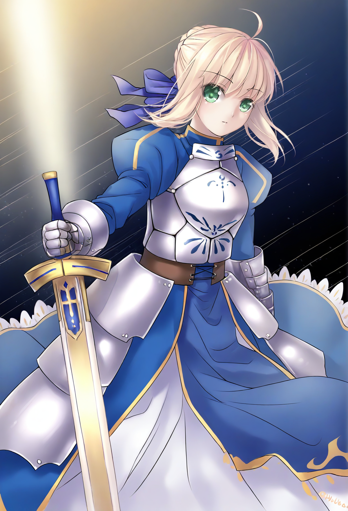 yunquehuafeng, <lora:yunquehuafeng:1>
artoria pendragon (fate), solo, 1girl, saber, armor, blonde hair, weapon, green eyes, sword, armored dress, excalibur (fate/stay night), ahoge, gauntlets, dress, ribbon, hair ribbon