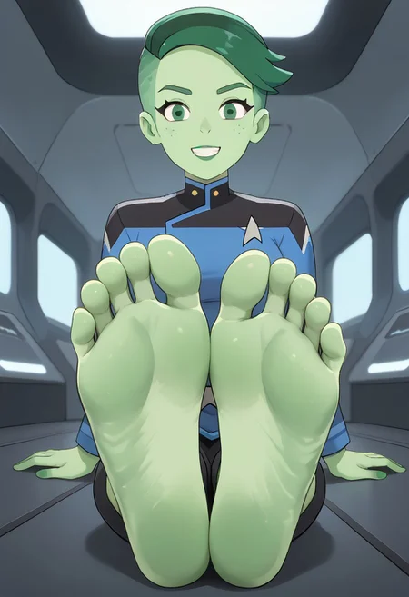 score_9, score_8_up, score_7_up, score_6_up, score_5_up, score_4_up, source_anime, BREAK, (masterpiece:1.4), (best quality:1.2), expressive eyes, perfect face, perfect anatomy, accurate anatomy, perfect feet, perfect soles, 1 girls, feet, soles, toes, foot focus, front view, smile, cute expression, clean feet, sitting, hands on ground, showing feet, barefoot, PONYXL_WaifuFeetPics_ownwaifu, feet, D'vana Tendi, orion species, Star Trek, in a starfleet uniform, colored skin, green skin, green skin female, green freckles, colored hair, green hair, undercut